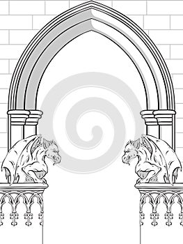 Gothic arch with gargoyles hand drawn vector illustration. Frame or print design
