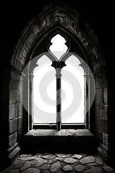 Gothic arch stone medieval window. Brick, stone wall. Isolated transparent background. fantasy medieval tower or dungeon.