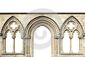 Gothic arches isolated on white background. Elements of architecture, ancient arches, columns, windows and apertures