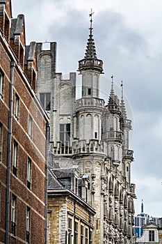 Gothic architecture with rooftops details at the City hall of Brussels, Grand square in downtown of Brussels, Belgium