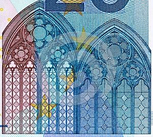 Gothic architecture window on 20 euro banknote obverse, highly detailed