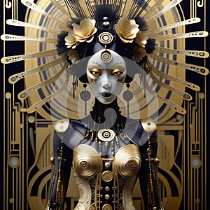 Gothic art deco biomechanical being reminiscent of geisha shaman inspired by punky voodoo robot