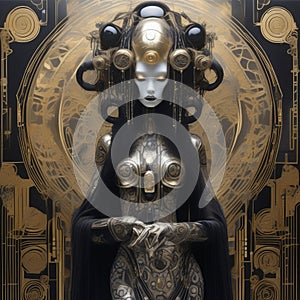 Gothic art deco biomechanical being reminiscent of geisha shaman inspired by punky voodoo robot