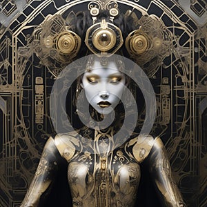 Gothic art deco biomechanical being reminiscent of geisha shaman inspired by punky voodoo robot