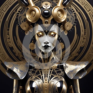 Gothic art deco biomechanical being reminiscent of geisha shaman inspired by punky voodoo robot