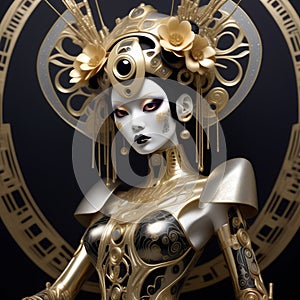 Gothic art deco biomechanical being reminiscent of geisha shaman inspired by punky voodoo robot