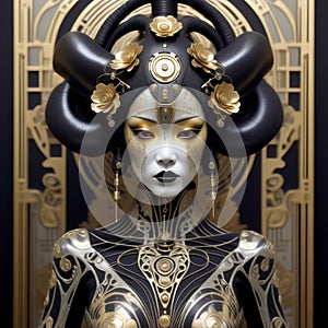 Gothic art deco biomechanical being reminiscent of geisha shaman inspired by punky voodoo robot