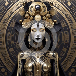 Gothic art deco biomechanical being reminiscent of geisha shaman inspired by punky voodoo robot