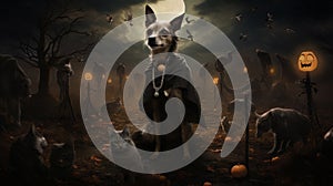 Gothic Atmosphere: Realistic Dog With Pumpkin And Mask In Hyper-detailed Rendering