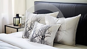 Gothic Atmosphere: White And Black Bed With Tree Art Print Pillows