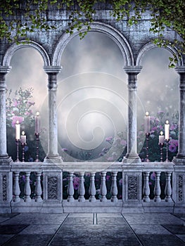 Gothic balcony with candles and roses photo