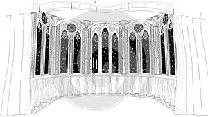 Gothic balcony in old castle 3d render looped animated background