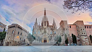 Gothic Barcelona Cathedral at the sunrise, Spain