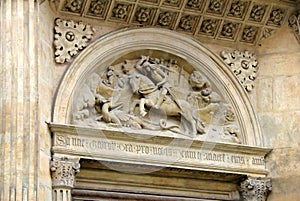 Gothic bas-relief of St. George slaying the Dragon, at St. George Basilica, in Prague Castle, Czechia