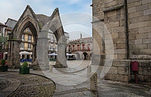 Gothic Battle of Salado Monument Padrao do Saldo and Guimaraes Old Town Hall at Largo da Oliveira - Guimaraes, Portugal