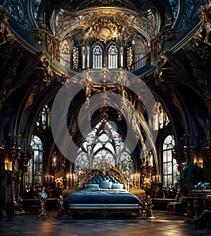Gothic bedroom interior decorated in posh neoclassicism style photo