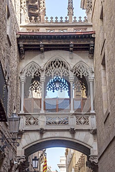 Gothic bridge at Carrer del Bisbe, Barcelona photo