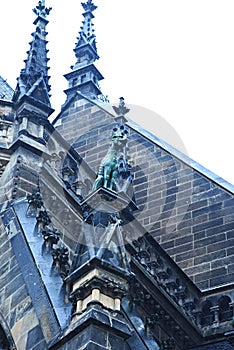 Gothic cafedral church tower in rainy day