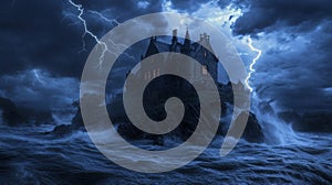 A Gothic Castle on a Cliff During a Stormy Night