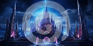 Gothic castle in a futuristic setting, with neon lights accentuating gothic arches and spires