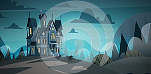Gothic Castle House In Moonlight Scary Building With Ghosts Halloween Holiday Concept