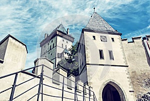 Gothic castle Karlstejn, ancient architecture, blue filter