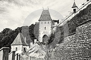 Gothic castle Karlstejn in Czech republic, walls and turrets, co