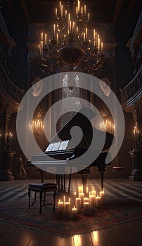 Gothic Castle Library Room with Historic Piano, Harpsicord, AI Generative