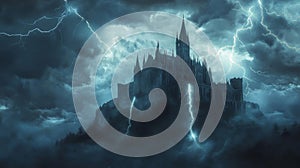 A Gothic Castle Surrounded by Lightning and Storm Clouds