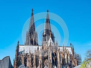 Gothic Cathedral Church of Saint Peter in Cologne, Germany on a sunny day. Beautiful cityscape with details of the towers