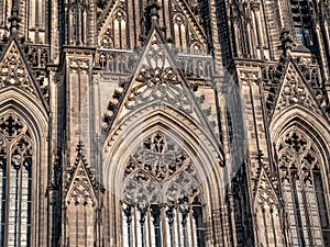 Gothic Cathedral Church of Saint Peter in Cologne, Germany on a sunny day. Beautiful cityscape with details of the towers