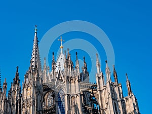 Gothic Cathedral Church of Saint Peter in Cologne, Germany on a sunny day. Beautiful cityscape with details of the towers