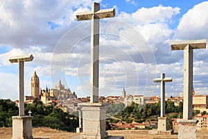 Gothic cathedral and mirador de la Piedad crosses, Segovia, Spain photo