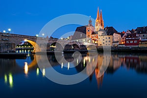 The Gothic cathedral of St. Peter's and the Stone Bridge in Regensburg, Germany