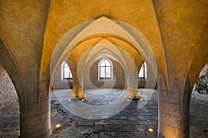 Gothic cellar vault in chapel. Cloisters of mediaeval religious building. The Interior Of The Cathedral. Beautiful and romantic ch