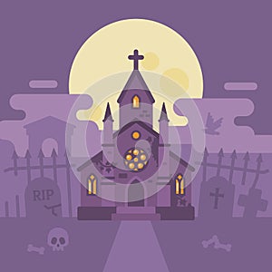 Gothic cemetery with a haunted chapel. Halloween graveyard