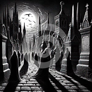 Gothic Cemetery Scene with Cloaked Figures and Full Moon