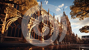 Gothic chapel, ancient stone monument, illuminated by blue lanterns generated by AI
