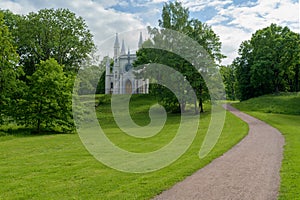 Gothic chapel in Park Aleksandriya in Peterhof near Saint-Petersburg, Russia