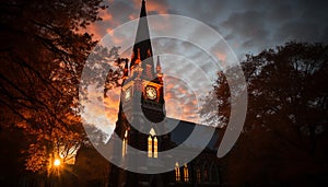 Gothic chapel silhouette illuminated by city twilight generated by AI