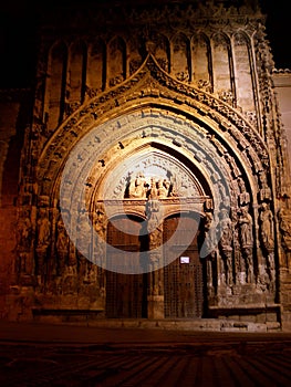 Gothic church door at night