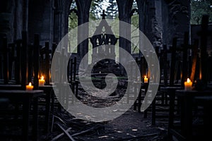 a gothic church with empty chairs and lit candles