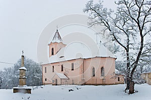 Gothic church in HradistÄ› village in the winter.