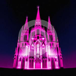 Gothic church in pink light on a dark background. 3d rendering Generative AI