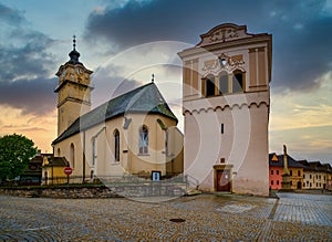 Gothic church and Renaissance bell tower in the main square of Spisska Sobota in Poprad, Slovakia