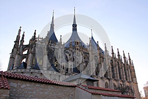 Gothic Church of St. Barbara, northern elevation, the tent-like roof and the walls with flying buttresses, Kutna Hora, Czechia