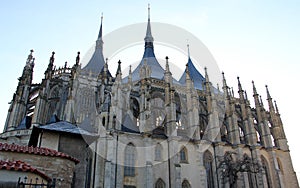 Gothic Church of St. Barbara, northern elevation, the tent-like roof and the walls with flying buttresses, Kutna Hora, Czechia