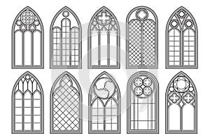 Gothic church windows. Vector architecture arches with glass. Old castle and cathedral frames. Medieval stained interior