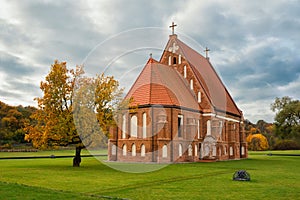 Gothic church Zapyskis Lithuania, historic heritage, autumn landscape