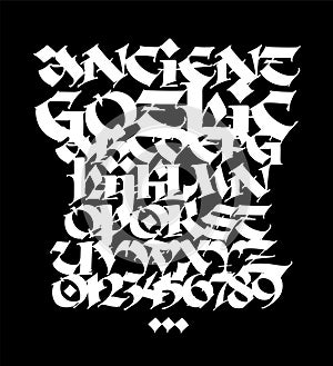 Gothic complete alphabet. Vector. Numbers. Medieval latin white letters on a black background. Calligraphy and lettering. Graphic